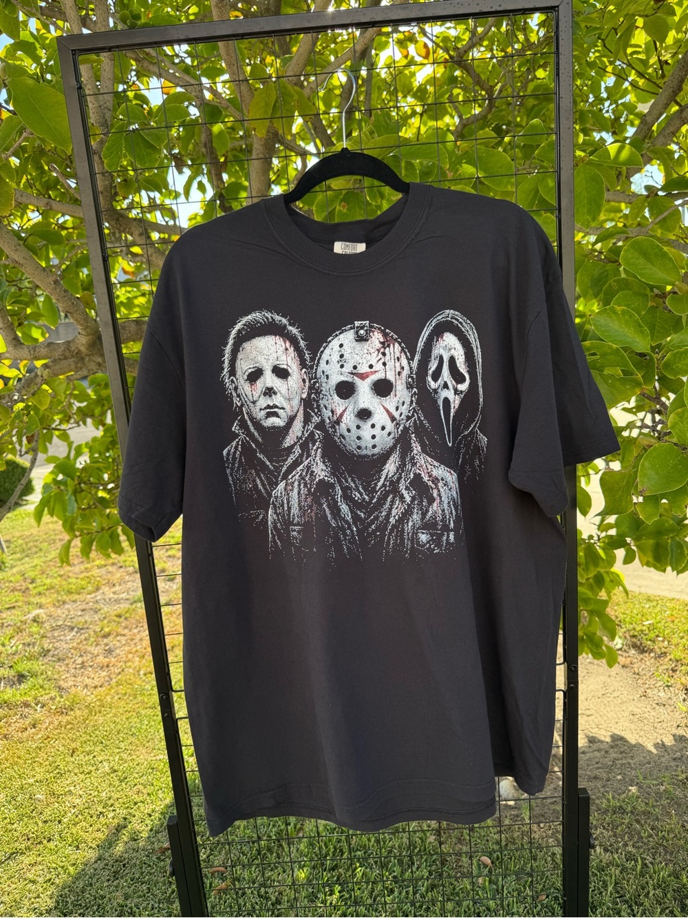 Comfort Colors Black Short Sleeve Tee with White & Gray Horror Masks Graphic
